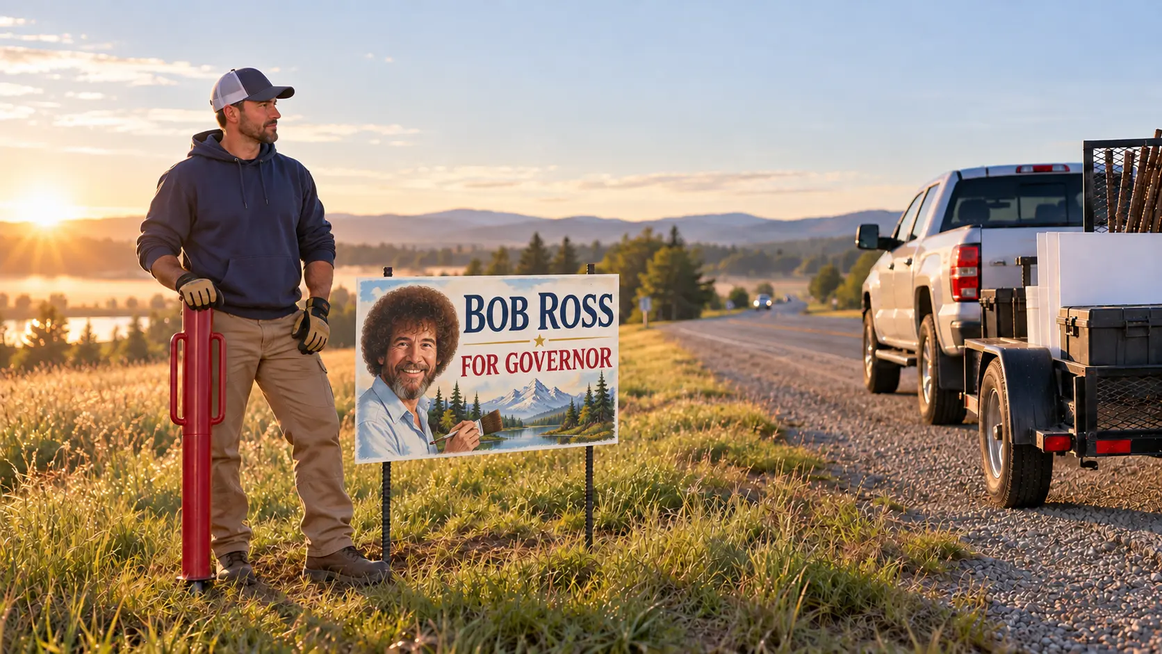 A field worker installing a large roadside sign